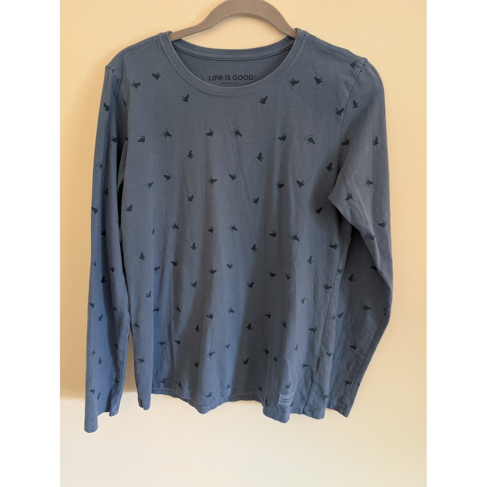 Life is Good Womens Crusher Tee Blue Long Sleeve Cat Print Cotton Shirt Size M